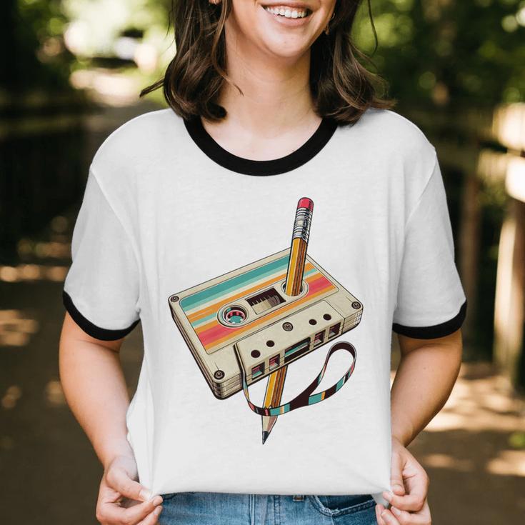 Retro Cassette Tape & Pencil Rewind Nostalgia Party 80s 90s Premium Unisex Cotton Ringer T-Shirt