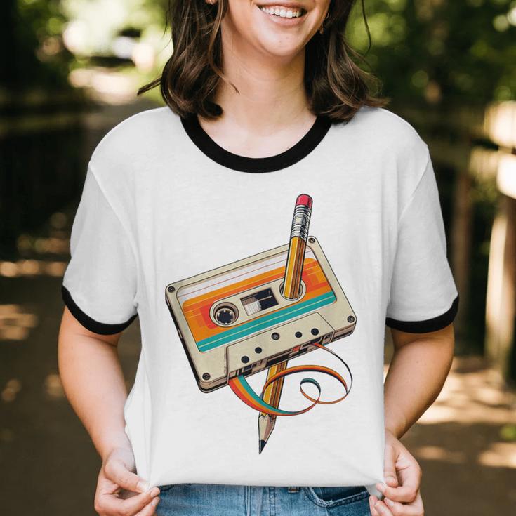 Retro Cassette Tape & Pencil Rewind Nostalgia Party 80s 90s Unisex Cotton Ringer T-Shirt Retro Cassette Tape & Pencil Rewind Nostalgia Party 80s 90s Unisex Cotton Ringer T-Shirt