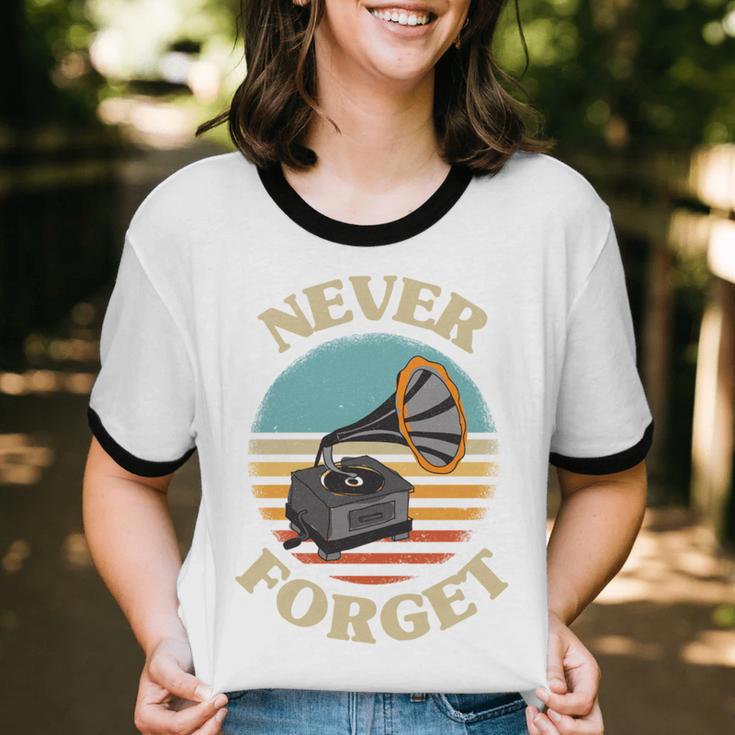 Retro Grammophone Never Forget Nostalgia Vintage Unisex Cotton Ringer T-Shirt