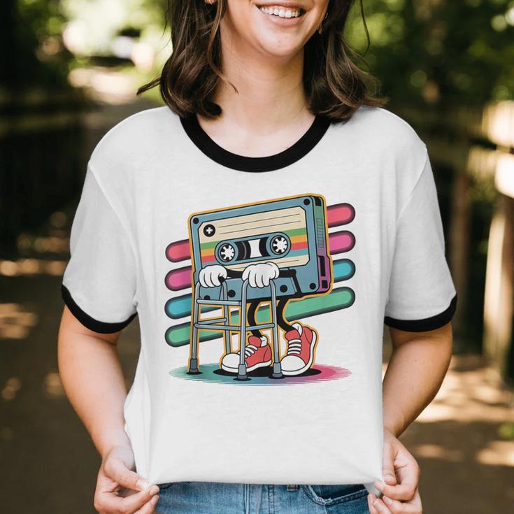 Retro Old Cassette Tape Cartoon With Walker Nostalgia Unisex Cotton Ringer T-Shirt