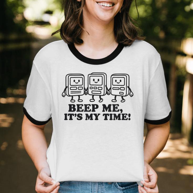 Retro Pager Squad Minimalist Monochrome Cartoon Nostalgia Unisex Cotton Ringer T-Shirt