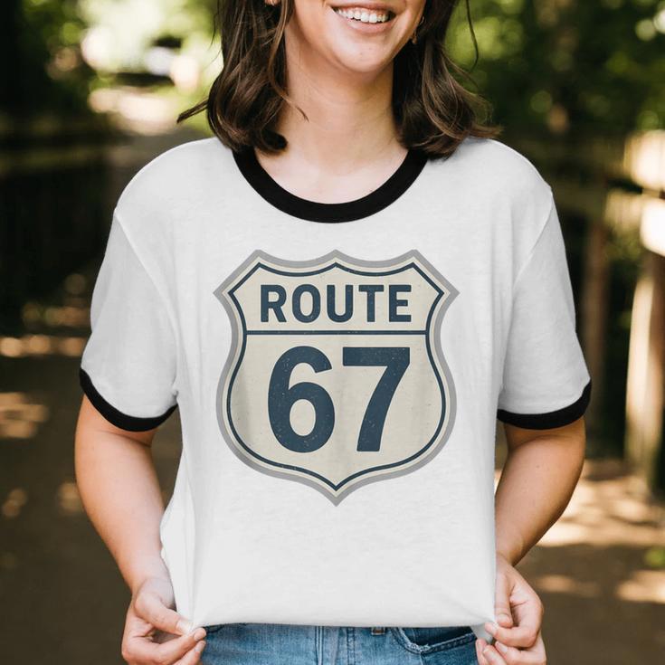 Retro Route 67 Highway Sign Vintage Road Nostalgia Unisex Cotton Ringer T-Shirt