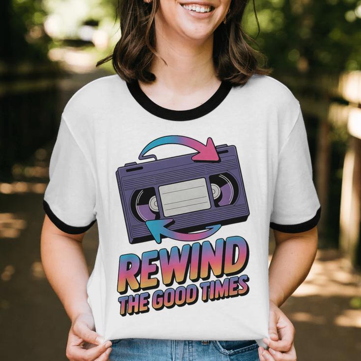 Rewind Good Times Retro VHS Tape Nostalgia 80s 90s Premium Tri-Blend Unisex Cotton Ringer T-Shirt