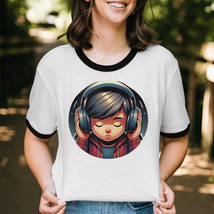 Serene Music Enthusiast With Headphones Introvert Cute Boy Unisex Cotton Ringer T-Shirt