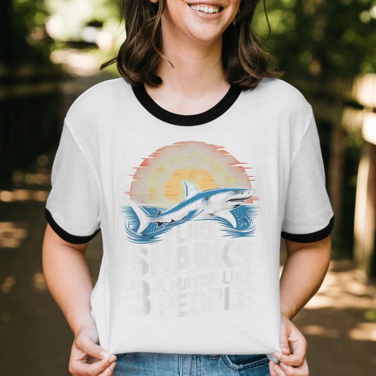 I Like Sharks & Maybe Like 3 People Humor Introverts Summer Unisex Cotton Ringer T-Shirt