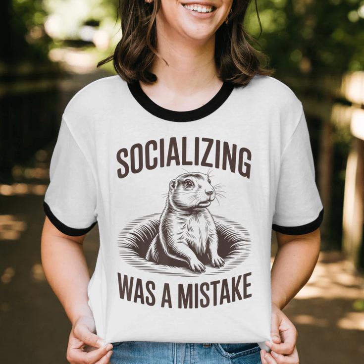 Socializing Was a Mistake Prairie Dog Introverts Humor Unisex Cotton Ringer T-Shirt