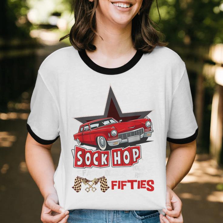 Sock Hop Fabulous Fifties Rock N Roll Automobile Nostalgia Unisex Cotton Ringer T-Shirt