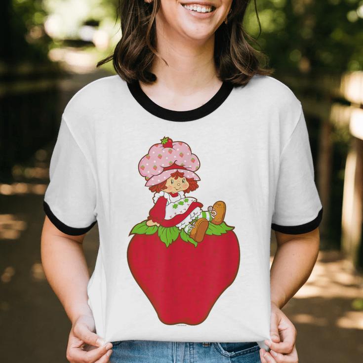 Strawberry Shortcake Sitting On Strawberry Retro Nostalgia Unisex Cotton Ringer T-Shirt