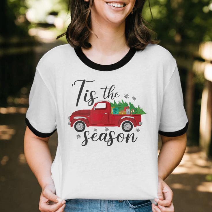 Tis The Season Holiday Nostalgia Red Truck Unisex Cotton Ringer T-Shirt Tis The Season Holiday Nostalgia Red Truck Unisex Cotton Ringer T-Shirt