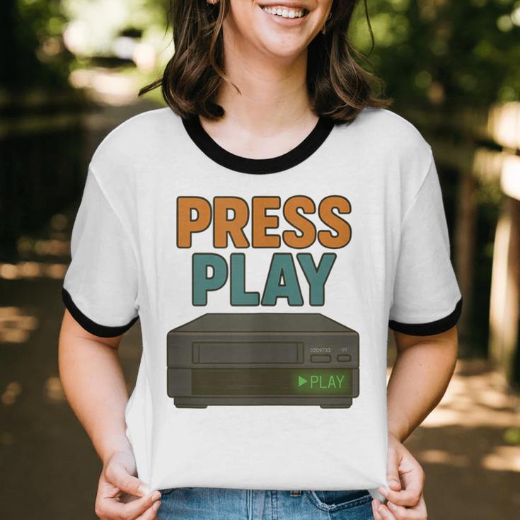 VHS Cassette Retro Analog Nostalgia Theme Unisex Cotton Ringer T-Shirt