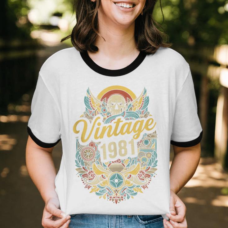 Vintage 1981 Retro Badge Nostalgia Eighties Compass Skull Unisex Cotton Ringer T-Shirt