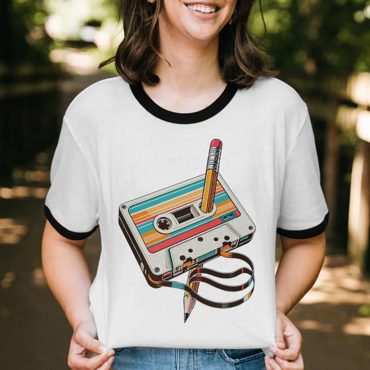 Vintage Cassette Tape And Pencil Nostalgia Party 70s 80s 90s Premium Unisex Cotton Ringer T-Shirt
