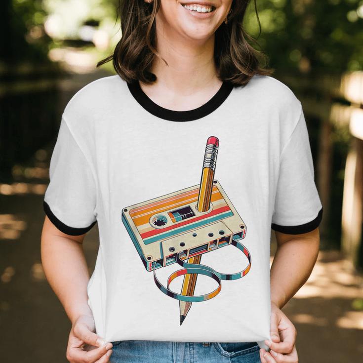 Vintage Cassette Tape And Pencil Nostalgia Party 70s 80s 90s Unisex Cotton Ringer T-Shirt Vintage Cassette Tape And Pencil Nostalgia Party 70s 80s 90s Unisex Cotton Ringer T-Shirt