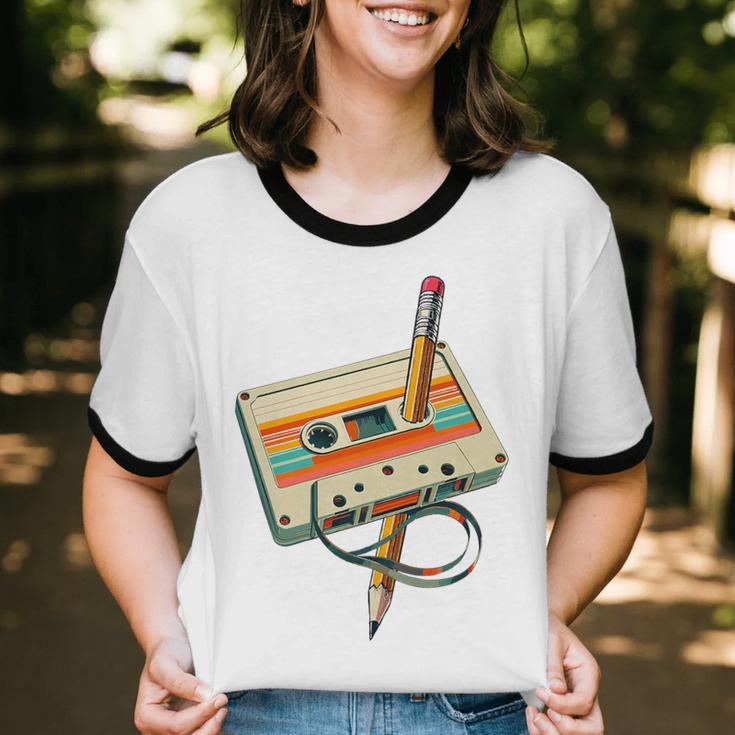 Vintage Pencil Rewind Cassette Tape Nostalgia Party 80s 90s Premium Unisex Cotton Ringer T-Shirt Vintage Pencil Rewind Cassette Tape Nostalgia Party 80s 90s Premium Unisex Cotton Ringer T-Shirt