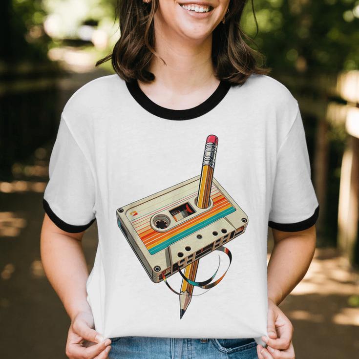 Vintage Pencil Rewind Cassette Tape Nostalgia Party 80s 90s Unisex Cotton Ringer T-Shirt