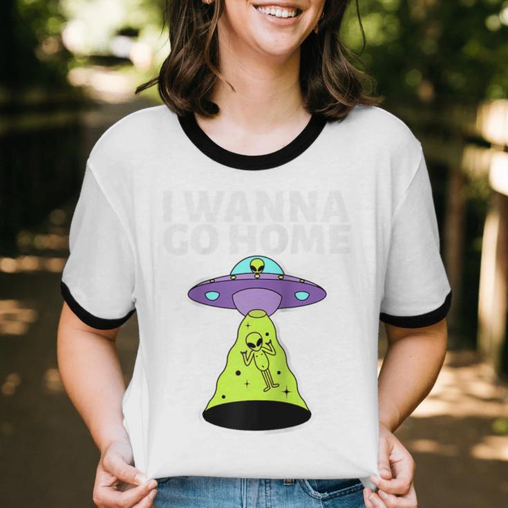 I Wanna Go Home Introvert UFO UAP Flying Saucer Trippy Alien Raglan Baseball Tee Unisex Cotton Ringer T-Shirt