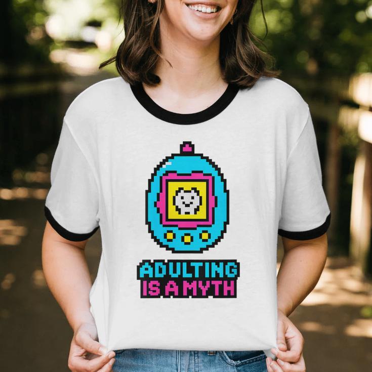 Women's Adulting Is A Myth Retro Pixel Pet Nostalgia Millennials Unisex Cotton Ringer T-Shirt
