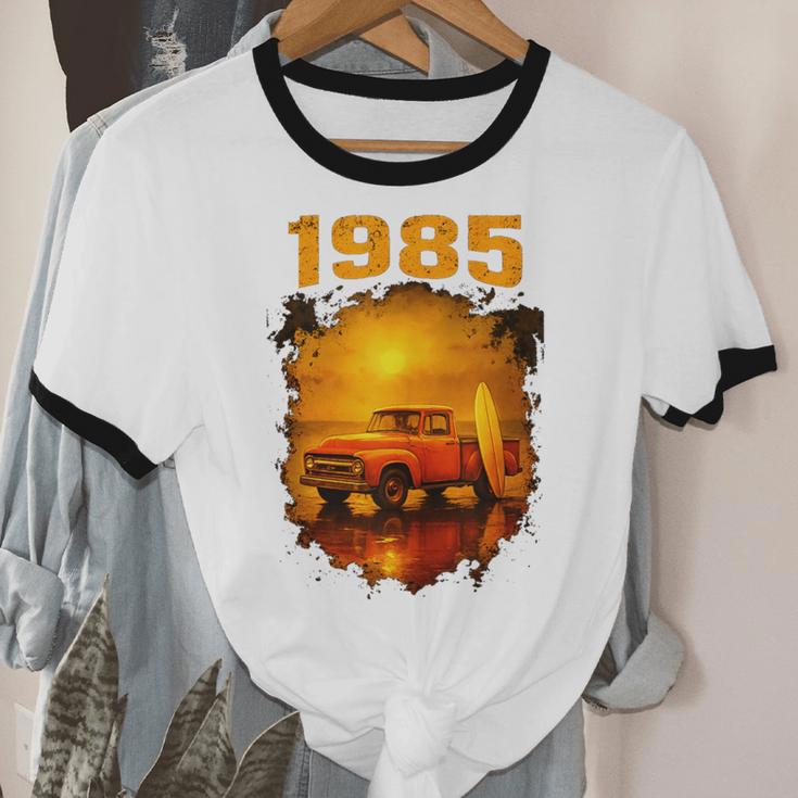 1985 Vintage Sunset Surf Truck Retro Beach Nostalgia Unisex Cotton Ringer T-Shirt