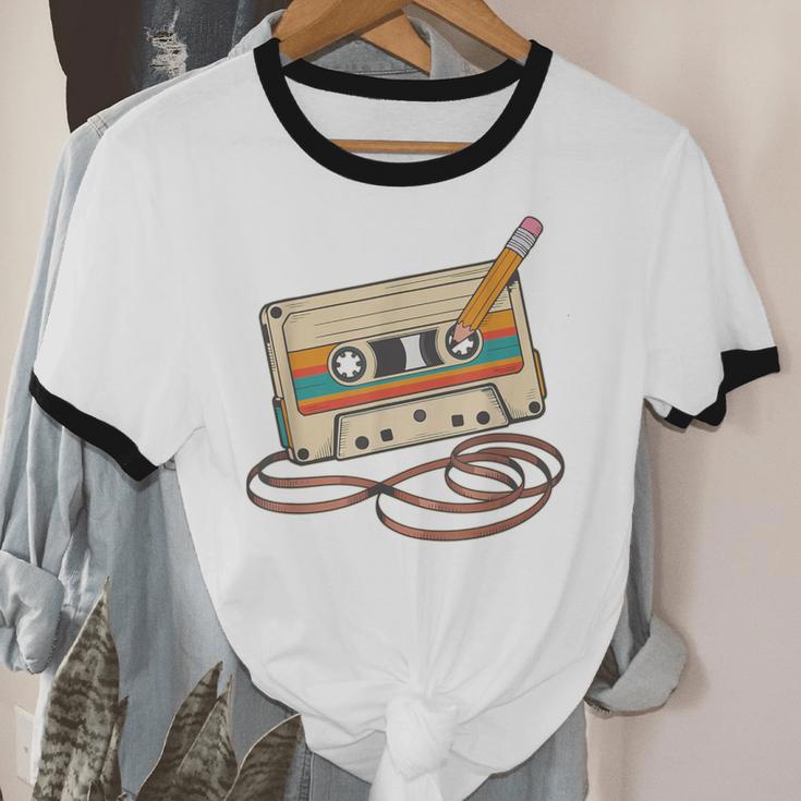 80s 90s Retro Party Costume Nostalgia Cassette Tape Pencil Unisex Cotton Ringer T-Shirt