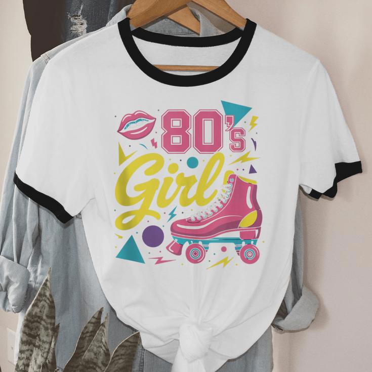 80's Girl Roller Skates Skating Eighties 1980s Nostalgia Unisex Cotton Ringer T-Shirt