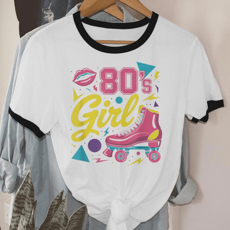 80's Girl Roller Skates Skating Eighties 1980s Nostalgia Unisex Cotton Ringer T-Shirt