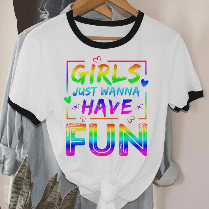 80's Girls Just Wanna Have Fun Nostalgia 1980s Style Premium Tri-Blend Unisex Cotton Ringer T-Shirt