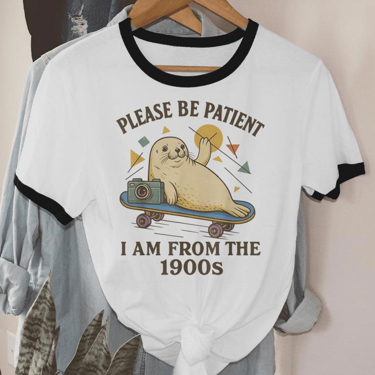 90s Manatee Humor Please Patient I'm From The 1900s Unisex Cotton Ringer T-Shirt 90s Manatee Humor Please Patient I'm From The 1900s Unisex Cotton Ringer T-Shirt