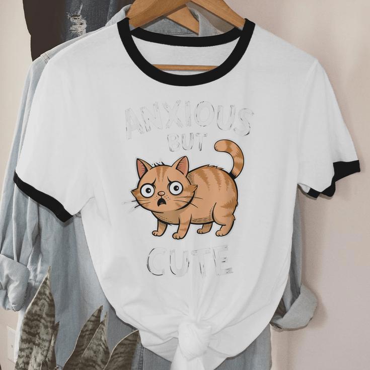 Anxious But Cute Anxiety Meme Cat Lover Introvert For Men Women Unisex Cotton Ringer T-Shirt