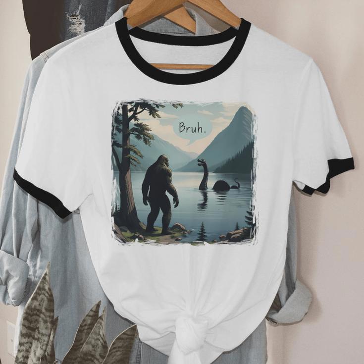 Bigfoot Sasquatch & Loch Ness Monster Introvert Bruh Unisex Cotton Ringer T-Shirt
