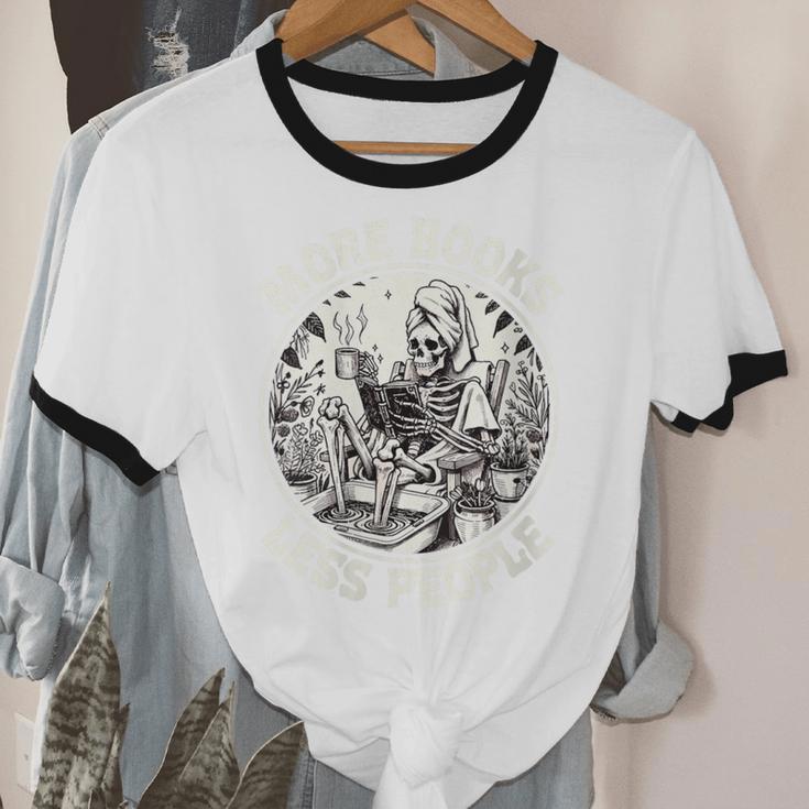 More Books Less People Introvert Skeleton Reading Unisex Cotton Ringer T-Shirt More Books Less People Introvert Skeleton Reading Unisex Cotton Ringer T-Shirt