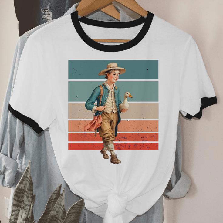 Boy Goose Vintage Rural Pastoral Charm Nostalgia Simple Life Unisex Cotton Ringer T-Shirt