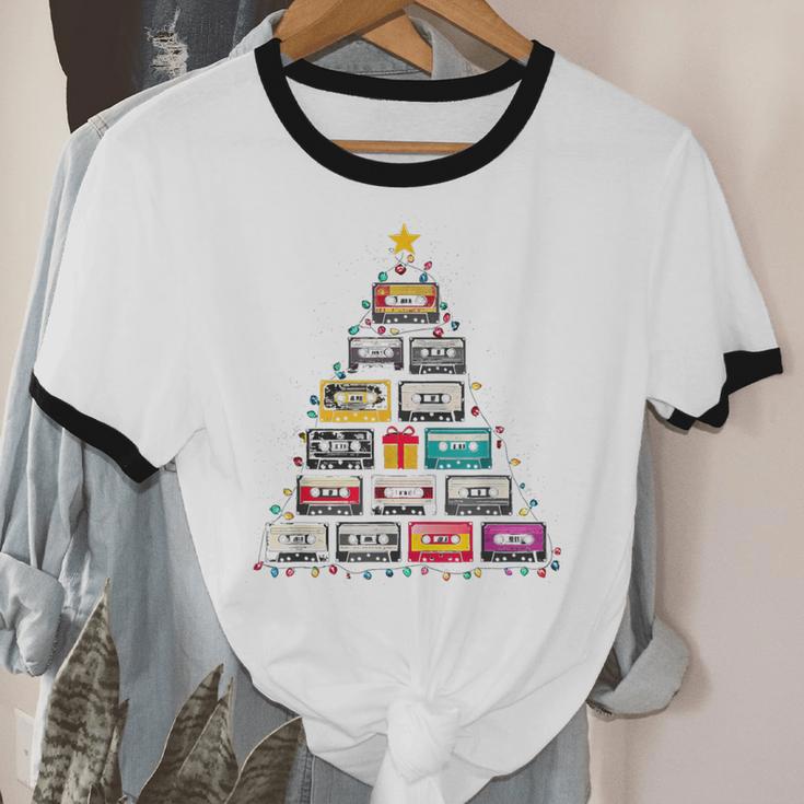 Cassette Tape Christmas Tree Graphic 80s 90s Retro Nostalgia Unisex Cotton Ringer T-Shirt