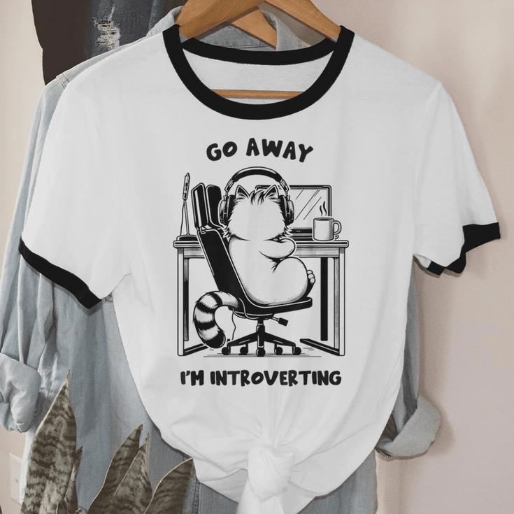 Cat With Coffee On Computer Go Away I'm Introverting Unisex Cotton Ringer T-Shirt Cat With Coffee On Computer Go Away I'm Introverting Unisex Cotton Ringer T-Shirt