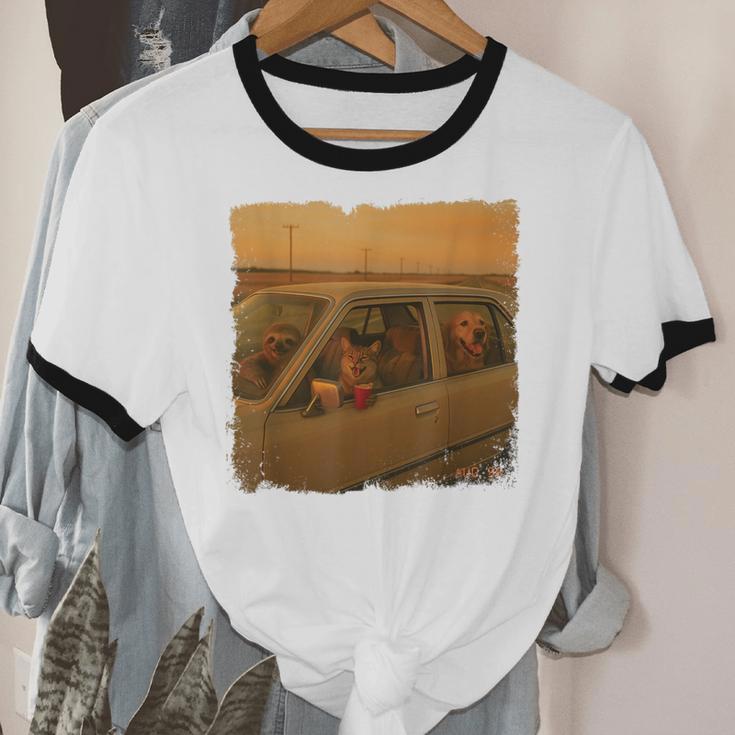 Cat Sloth Dog Retro Nostalgia Roadtrip Photo Unisex Cotton Ringer T-Shirt Cat Sloth Dog Retro Nostalgia Roadtrip Photo Unisex Cotton Ringer T-Shirt