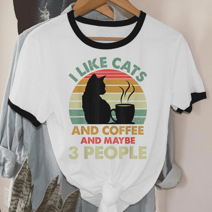 Cats Coffee & 3 People Tee Cute Font Introvert Humor Unisex Cotton Ringer T-Shirt