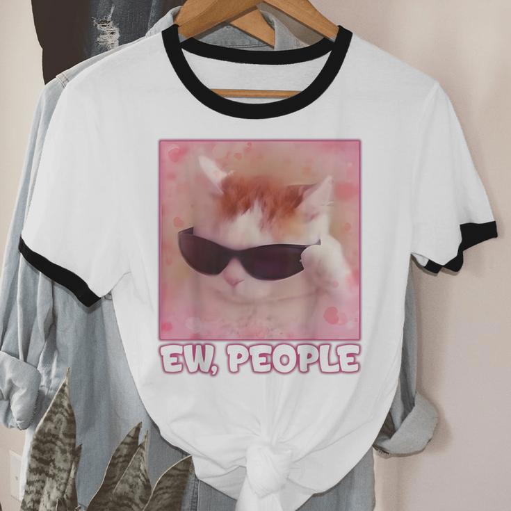 Cool Cat Meme Ew People Anti Social Introvert Cute Cat Unisex Cotton Ringer T-Shirt