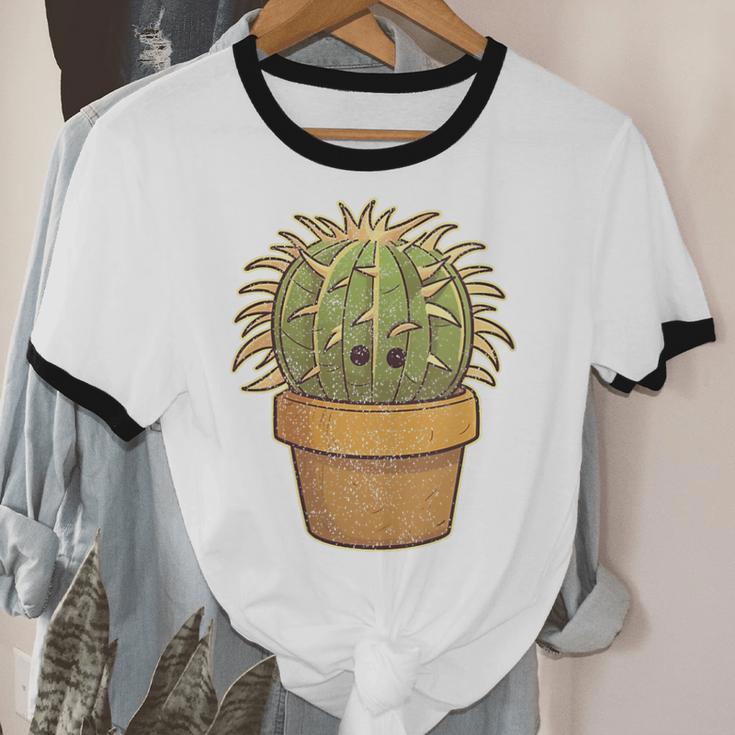 Cute Golden Barrel Cactus Introvert Distressed Unisex Cotton Ringer T-Shirt