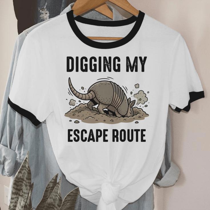 Digging My Escape Route Armadillo Introvert Humor Unisex Cotton Ringer T-Shirt