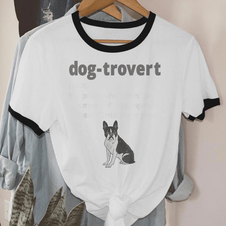 Dog-Trovert Boston Terrier Humor Definition Introvert Unisex Cotton Ringer T-Shirt