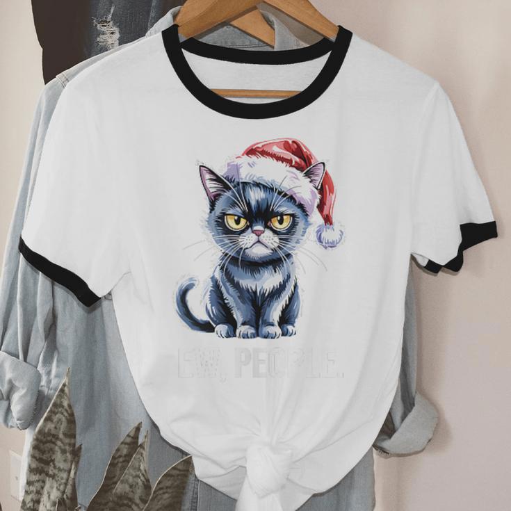 Ew People Christmas Cat Santa Hat Dad Introvert Unisex Cotton Ringer T-Shirt