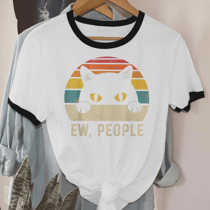Ew People Retro Cat Vintage Anti-Social Introvert Unisex Cotton Ringer T-Shirt