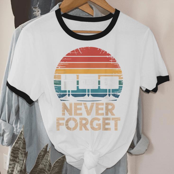Floppy VHS Cassette Never Forget Retro 80s 90s Nostalgia Unisex Cotton Ringer T-Shirt