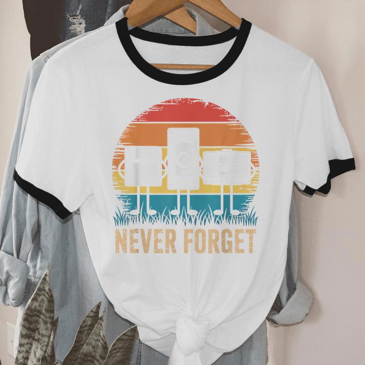 Never Forget Retro 80s 90s Floppy VHS Cassette Nostalgia Unisex Cotton Ringer T-Shirt