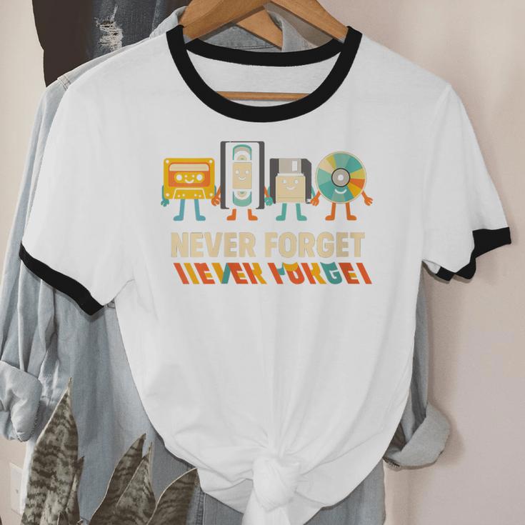 Never Forget Retro Cassette VHS Floppy CD Nostalgia Humor Unisex Cotton Ringer T-Shirt