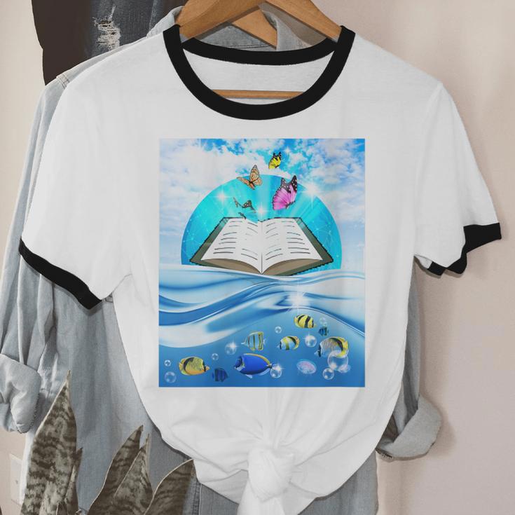 Frutiger Aero Aesthetic Tech Book Butterfly Unisex Cotton Ringer T-Shirt