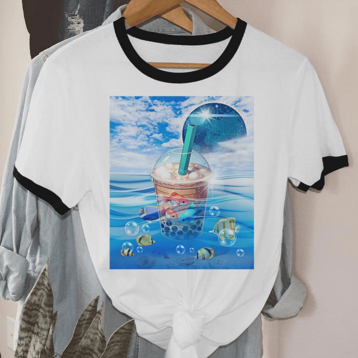 Frutiger Aero Aesthetic Tech Bubble Tea Boba Milktea Fishes Unisex Cotton Ringer T-Shirt