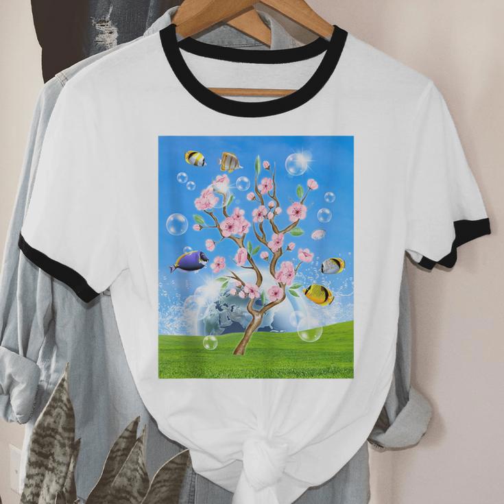 Frutiger Aero Aesthetic Tech Cherry Blossom Fishes Bubbles Unisex Cotton Ringer T-Shirt