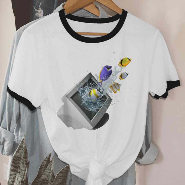 Frutiger Aero Aesthetic Tech Computer Aquarium Fishes Unisex Cotton Ringer T-Shirt