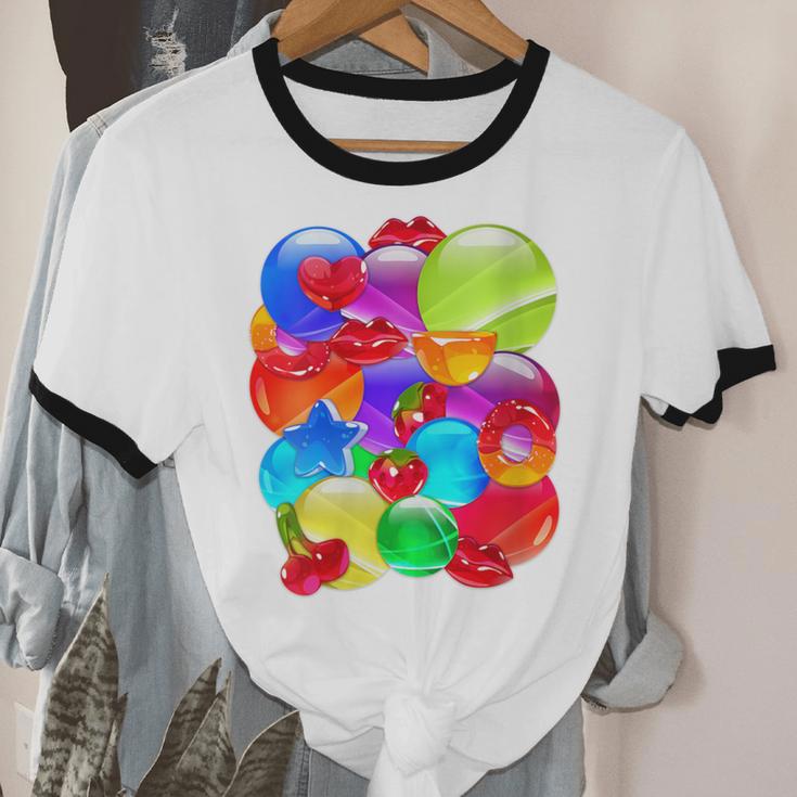 Frutiger Aero Aesthetic Tech Orb Pattern Heart Cherry Lips Unisex Cotton Ringer T-Shirt