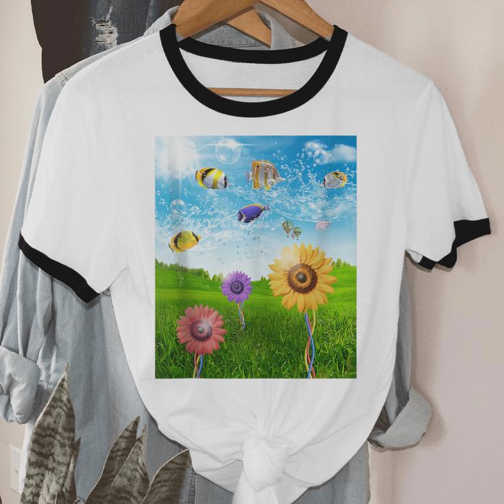 Frutiger Aero Aesthetic Tech Scenery Fishes Sunflower Unisex Cotton Ringer T-Shirt Frutiger Aero Aesthetic Tech Scenery Fishes Sunflower Unisex Cotton Ringer T-Shirt